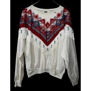 Hazelwood Southwestern Cream Maroon Fringe Shirt Womens Size Large